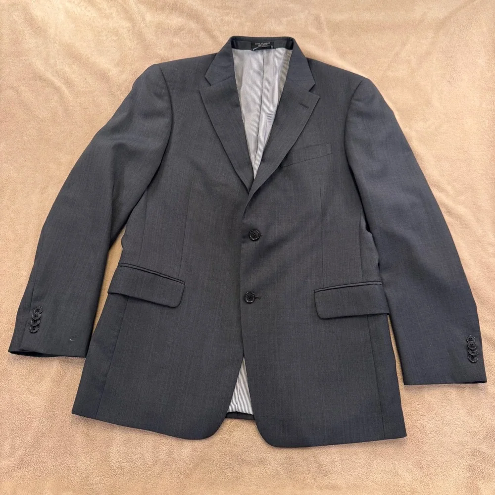 Tommy Hilfiger 100% Wool Blazer Charcoal Grey Windowpane Plaid Minimalist Sz 40R